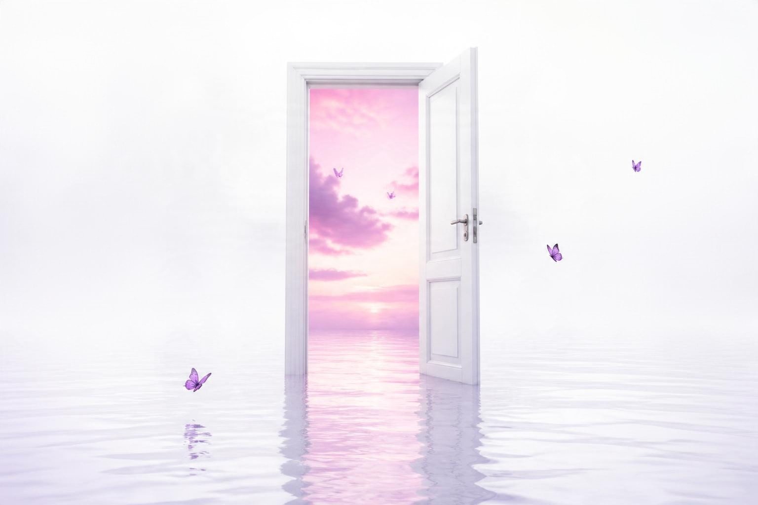 Una puerta blanca abierta sobre el agua hacia un amanecer rosado